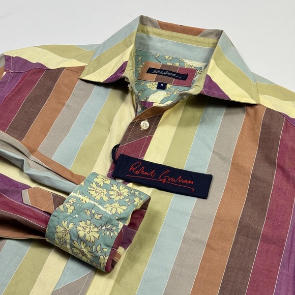 Robert Graham Shirt Mens Medium Multicolor Stripe Floral Flip Cuff Button Front